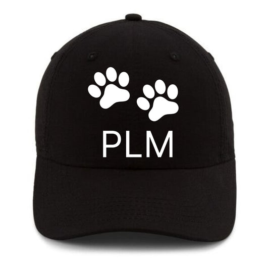 Black cap with white embroidery of letters PLM and a paw of a cat