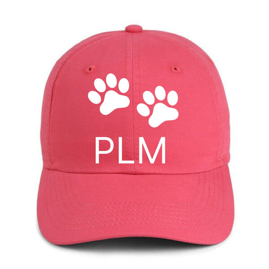 Pink cap with white embroidery of letters PLM and a paw of a cat